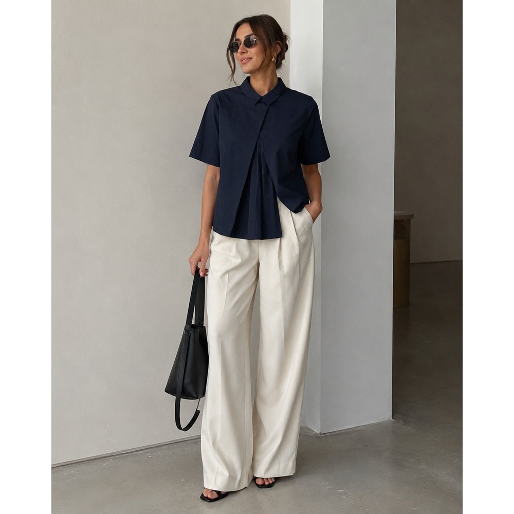 COS Blouse Women 6 Pointed Collar Navy Blue Short Sleeve Pleated Front Back Zip